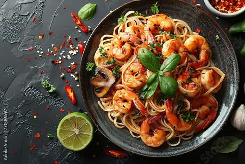 Mushroom noodles with shrimp, vegetables and lime on plate top view. Asian food concept.