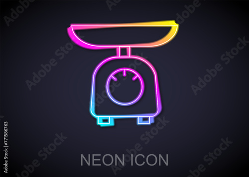 Glowing neon line Scales icon isolated on black background. Weight measure equipment. Vector