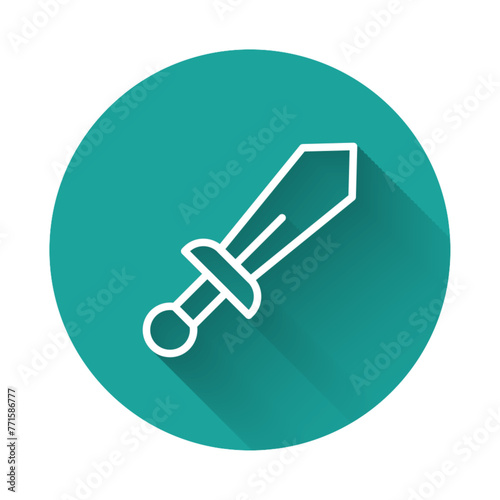 White line Sword toy icon isolated with long shadow background. Green circle button. Vector