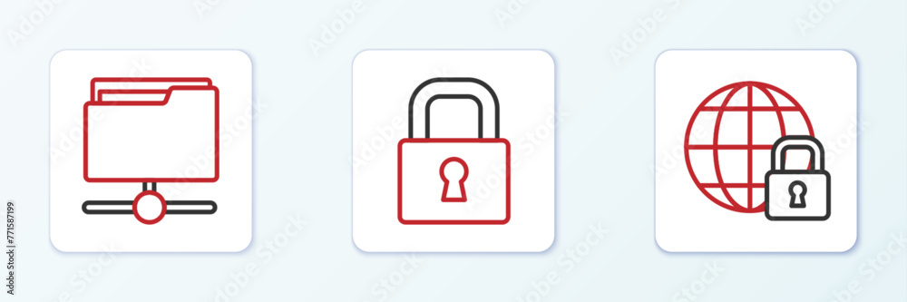 Set line Global lockdown, FTP folder and Lock icon. Vector Set line Global lockdown, FTP folder and Lock icon. Vector