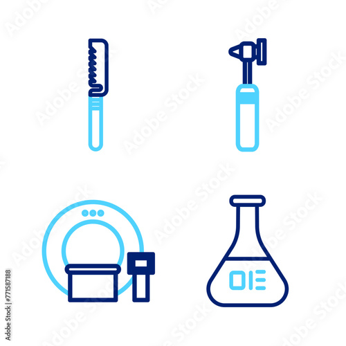 Set line Test tube and flask, Tomography, Medical otoscope tool and saw icon. Vector