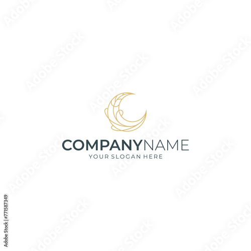 Crescent moon and leaf luxury logo design.