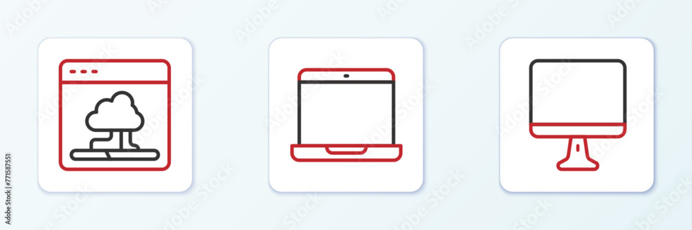 Set line Computer monitor screen, Cloud technology data transfer and Laptop icon. Vector Set line Computer monitor screen, Cloud technology data transfer and Laptop icon. Vector
