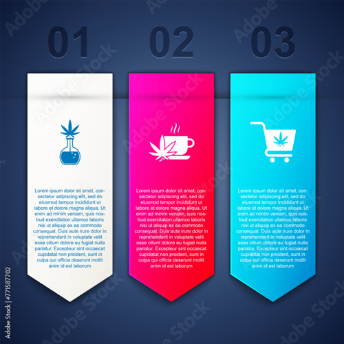 Set Test tube with marijuana, Cup tea and Shopping cart. Business infographic template. Vector