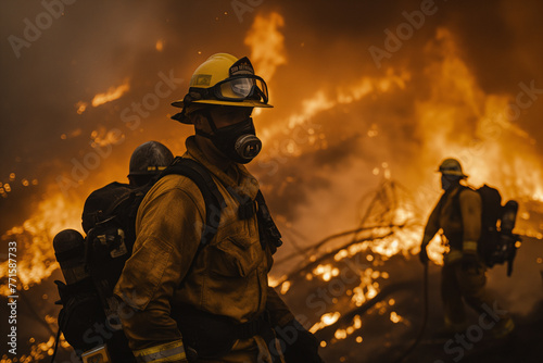 A determined team of firefighters mobilizes to combat raging flames, working together to protect lives and property through swift and effective rescue efforts.