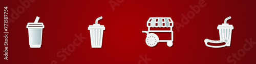 Set Glass with water, , Fast street food cart and Soda and hotdog icon. Vector