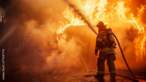 A lone firefighter stands ready before a raging building fire, engulfed in smoke and flames at twilight. 