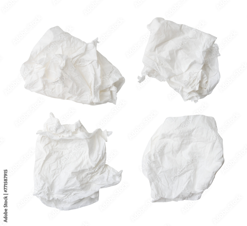 Top view set of crumpled tissue paper balls after use in toilet or restroom isolated with clipping path in png file format