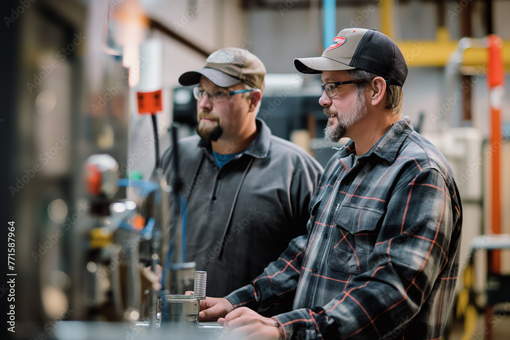 Fototapeta premium An engineer and worker collaborate in an industrial setting, discussing plans and inspecting machinery to ensure efficient operations.