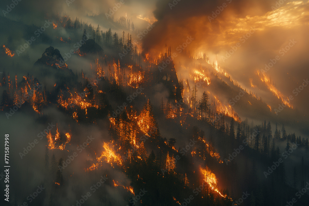 Fierce flames ravage through the forested mountains, illustrating the intensity and destructive power of a natural disaster. - obrazy, fototapety, plakaty 