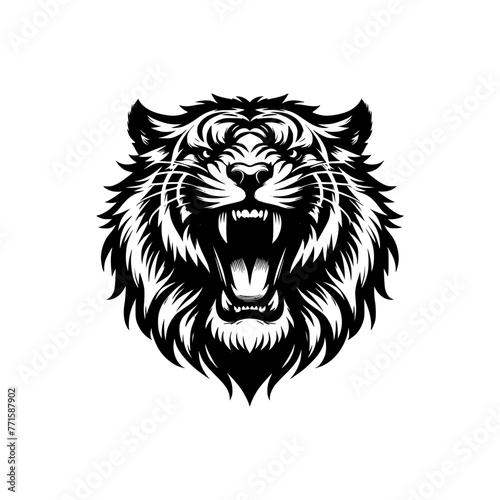 Vector logo of a roaring tiger. black and white illustration of a hissing big cat.