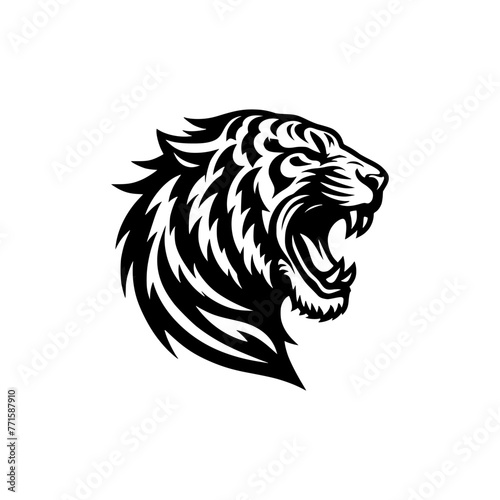 Vector logo of a roaring tiger. black and white illustration of a hissing big cat.