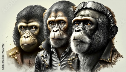 three apes of various species wearing leather jackets iron on patches AI Generated