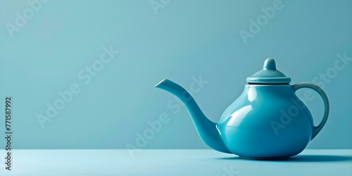 A blue neti pot against a blue background used for nasal rinsing to treat sinus congestion. Concept Health Benefits, Sinus Congestion Relief, Neti Pot Usage, Nasal Rinsing Techniques photo