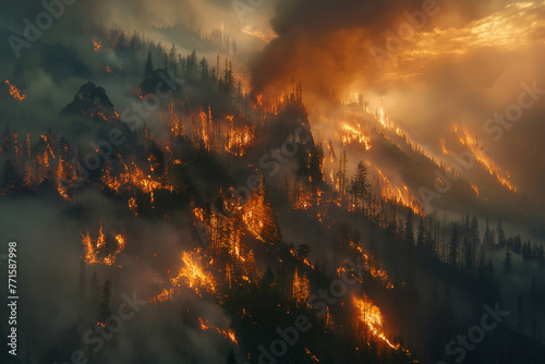 Fierce flames ravage through the forested mountains, illustrating the intensity and destructive power of a natural disaster.