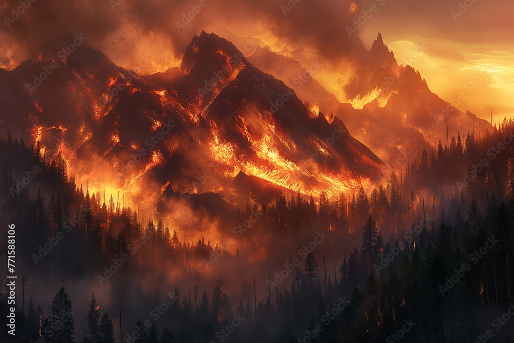 Fierce flames ravage through the forested mountains, illustrating the intensity and destructive power of a natural disaster. - obrazy, fototapety, plakaty 