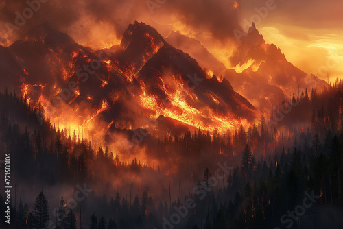 Fierce flames ravage through the forested mountains, illustrating the intensity and destructive power of a natural disaster.