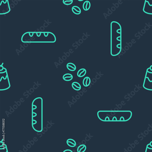 Set line Coffee beans, French baguette bread and Pudding custard on seamless pattern. Vector