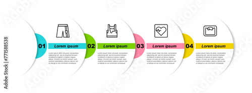Set line Short or pants, Sweaty sleeveless t-shirt, Heart rate and Bathroom scales. Business infographic template. Vector