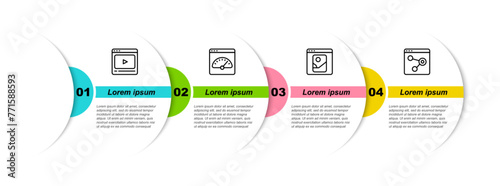 Set line Online play video, Digital speed meter, Photo retouching and Browser window. Business infographic template. Vector