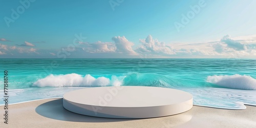 White empty podium for product cosmetic presentation on the beach background. Pedestal or platform for beauty products. Minimalist design.