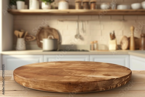 Round wood tabletop counter in kitchen background. © Jacek