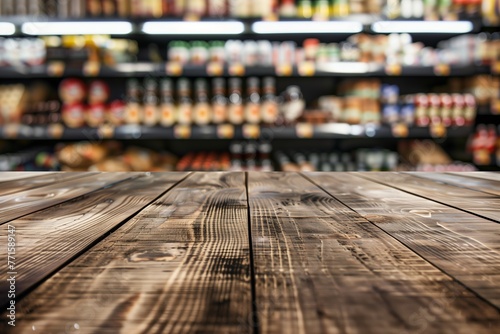 Wooden table with  supermarket drink background.