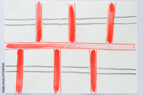 horizontal lines with short stripes in orange red on paper