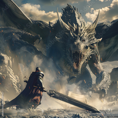 An epic battle between a brave armored paladin warrior and a giant epic fire dragon in a fantasy realm of myth and legend