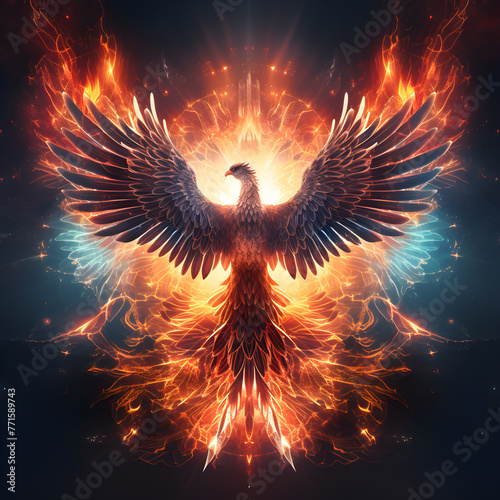 A symbol or logo of a fire phoenix, rebirthing from the ashes into myth and legend