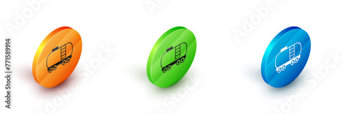 Isometric Oil railway cistern icon isolated on white background. Train oil tank on railway car. Rail freight. Oil industry. Circle button. Vector