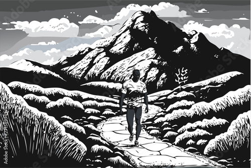 Field landscape pencil drawing. A trail to the mountains hand drawn wallpaper