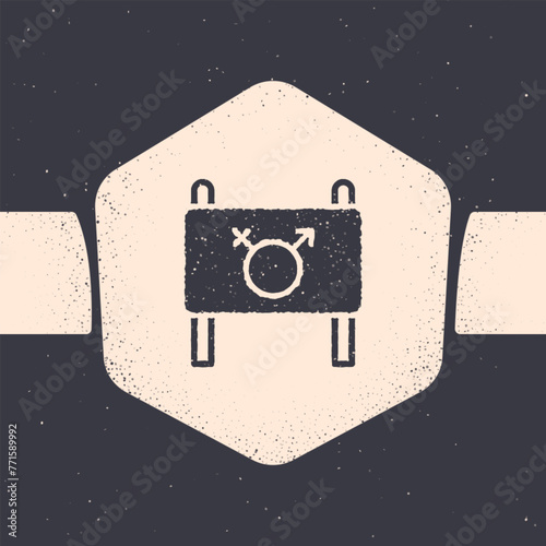 Grunge Female movement, feminist activist with banner and placards icon isolated on grey background. Feminist rights movement, feminism sisterhood. Monochrome vintage drawing. Vector