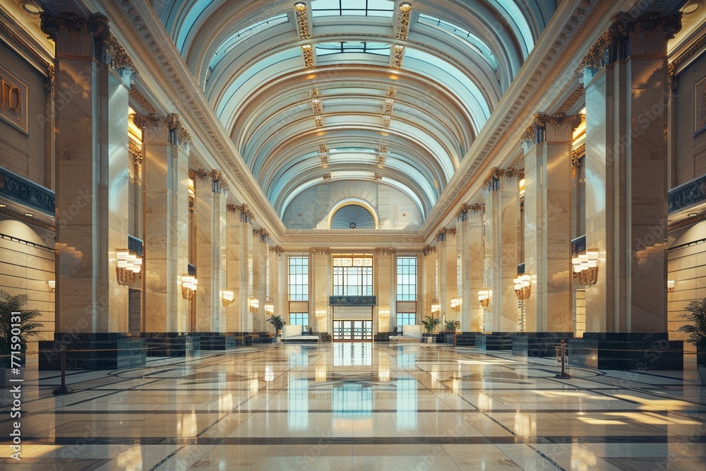 Banking hall, wide angle, financial services in action for a professional background , octane render