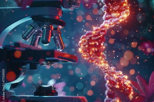 Highlighting the technological advancements in genetic sequencing and research, a microscope digitally analyzes a DNA helix.