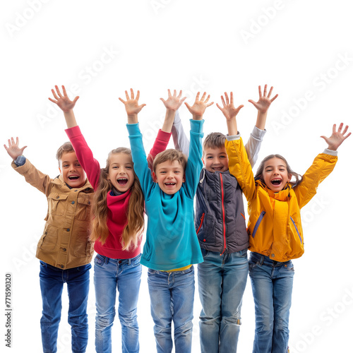 Excited children cheering with hands up on a transparent background