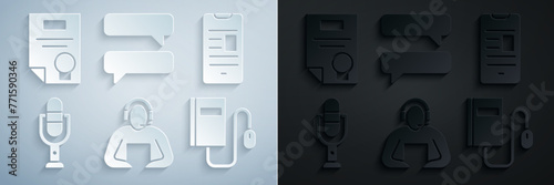 Set Student, Online book on mobile, Microphone, Electronic with mouse, Speech bubble chat and Certificate template icon. Vector