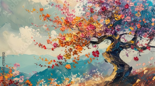Painting of a tree with colorful flowers in the autumn season. Oil color painting.