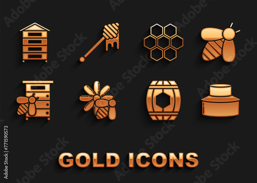Set Bee and flower, Beekeeper with protect hat, Wooden barrel honey, Hive for bees, Honeycomb, and dipper stick dripping icon. Vector
