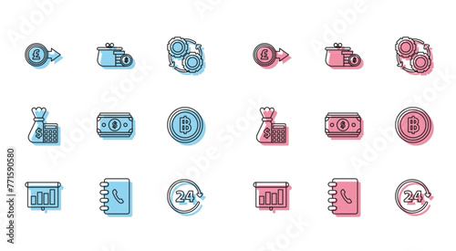 Set line Presentation financial board with graph, Coin money pound sterling symbol, Clock 24 hours, Stacks paper cash, Cryptocurrency coin Bitcoin, Calculator bag and Wallet coins icon. Vector