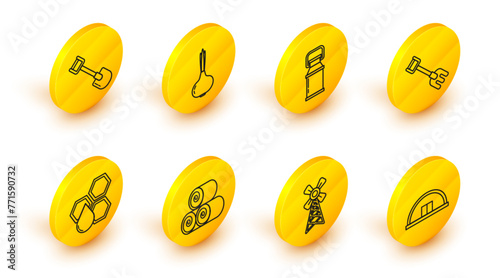 Set line Hangar, Windmill, Roll of hay, Honeycomb, Garden rake, Can container for milk, Onion and Shovel icon. Vector