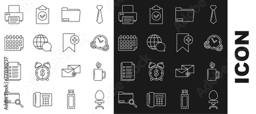 Set line Office chair, Cup of tea and leaf, Time Management, Document folder, World map made from speech bubble, Calendar, Printer and Bookmark icon. Vector