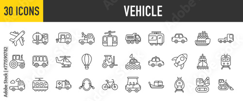 30 vehicle icons set. Containing Tank Truck, Caravan, Forklift, Aircraft, Cable Car, Truck, Tractor, Bus, Helicopter, Railway, Pickup Car, Train and Ambulance more vector illustration collection.