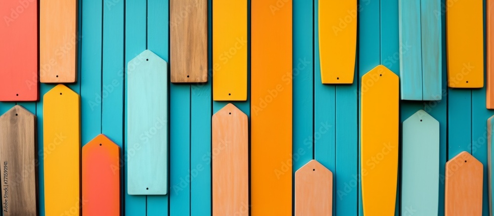 A colorful row of wooden boards with varying tints and shades against an electric blue background, showcasing a beautiful art pattern in parallel rectangles A colorful row of wooden boards with varying tints and shades against an electric blue background, showcasing a beautiful art pattern in parallel rectangles