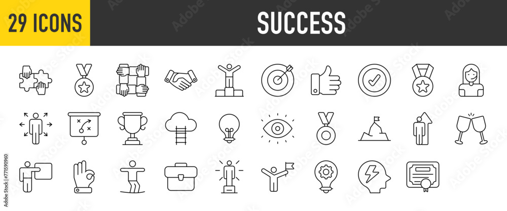 29 Success icons set. Containing Solution, Achievement, Teamwork, Opportunities, Challenge, Training, Best Choice, Partnership Handshake and Thumbs Up more vector illustration collection.