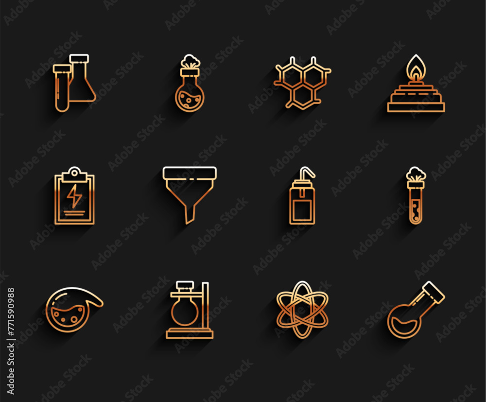 Set line Test tube and flask chemical, on stand, Atom, Funnel or filter, and Laboratory wash bottle icon. Vector Set line Test tube and flask chemical, on stand, Atom, Funnel or filter, and Laboratory wash bottle icon. Vector