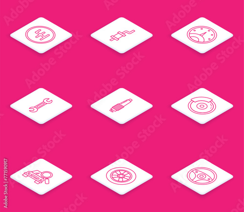 Set line Gear shifter, Car muffler, Speedometer, Wrench, spark plug, brake disk with caliper, search and wheel icon. Vector