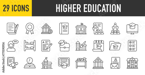 29 higher education icons set. Containing Seminar, Accredited, Collage, Dissertation, School, Full Time, Degree, Seminar, Dormitory, Campus and Bachelors Degree more vector illustration collection.