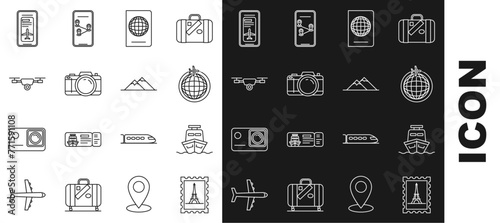 Set line Postal stamp and Eiffel tower, Passport biometric data, Photo camera, Drone action video, Smartphone electronic boarding pass airline ticket and Mountains icon. Vector