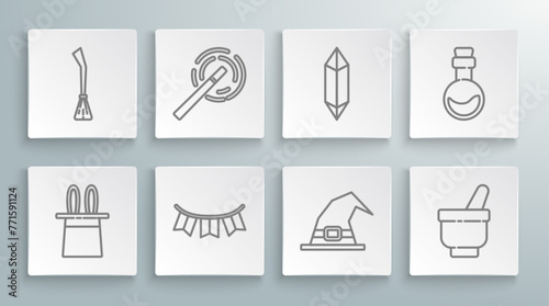 Set line Magician hat and rabbit ears, wand, Carnival garland with flags, Witch, mortar pestle, stone, Bottle love potion and Witches broom icon. Vector